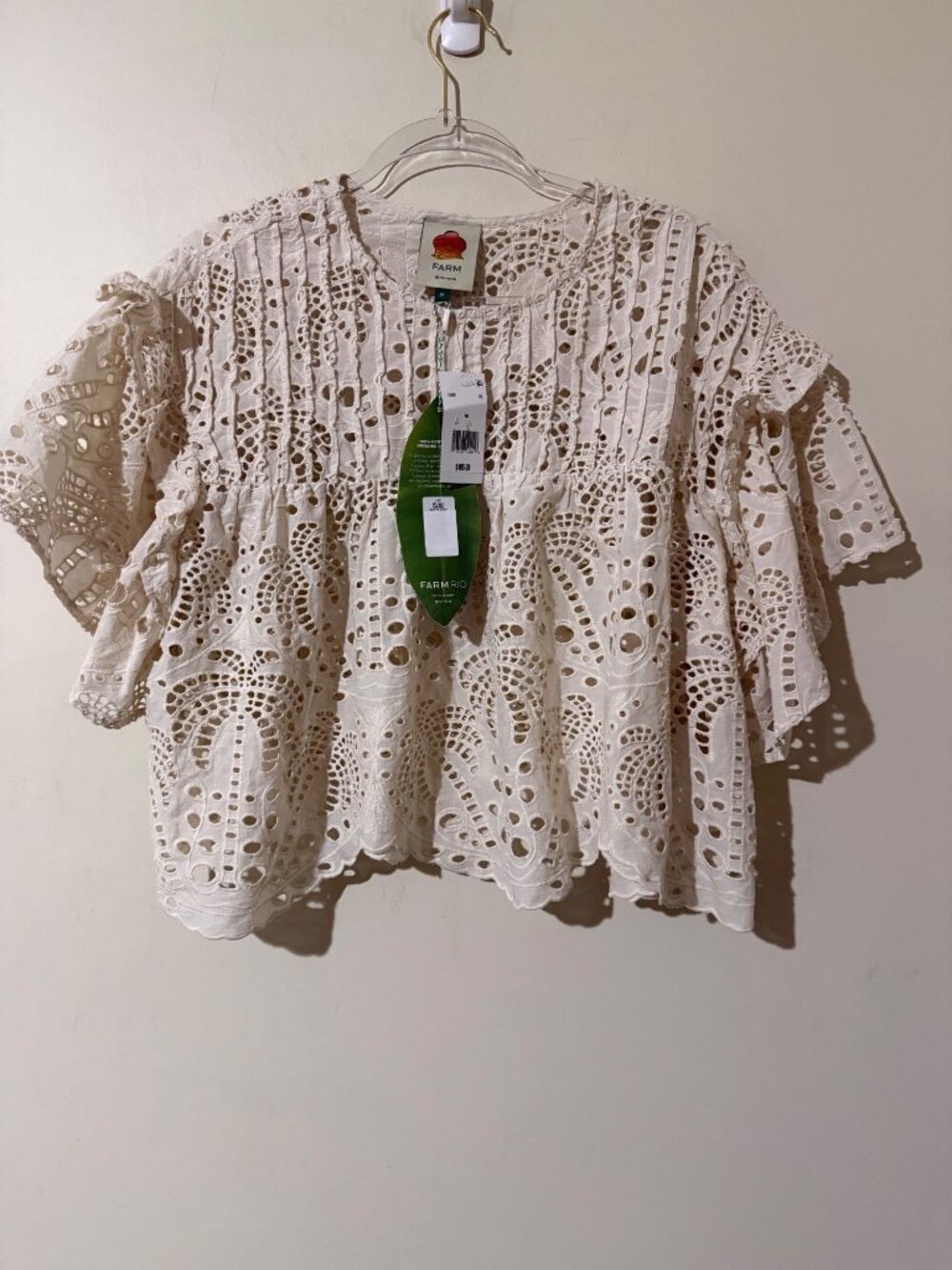 Farm Rio NEW $185 Palm Tree Richelieu Lace Blouse Medium - Picture 2 of 10